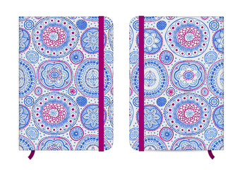 Blue copybook template with elastic band and bookmark with abstract pattern. Australian aboriginal geometric art concentric circles seamless pattern in blue and purple.