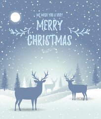 Christmas card. Holiday winter landscape with deer silhouettes. Winter christmas background with fir tree. Merry Christmas handdraw style lettering . Vector illustration. EPS 10