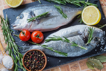 Fresh fish Dorado with lemon, rosemary and spices on the black slate board.