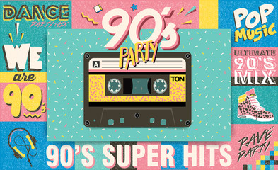 90's music mix. Trendy. Retro style design club. 90's party, 90s fashion, 90s background, 90's and 80's graphic, 90s style, pop music party 1990, vintage night. Easy editable Memphis poster design.