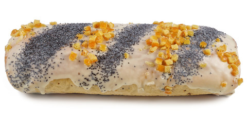 Poppy seed roll is a pastry consisting of a roll of sweet yeast bread (a viennoiserie) with a dense, rich, bittersweet filling of poppy seed and covered with icing glaze and candied orange peel.