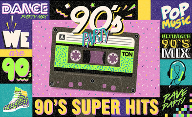 90's music mix. Trendy. Retro style design club. 90's party, 90s fashion, 90s background, 90's and 80's graphic, 90s style, pop music party 1990, vintage night. Easy editable Memphis poster design.