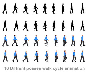 Fototapeta na wymiar business man walk cycle sprite sheet, Animation frames, silhouette, Loop Animation