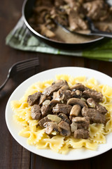 Beef Stroganoff, a dish made of pieces of beef, mushroom and onion in cream sauce, served on farfalle pasta, photographed with natural light (Selective Focus in middle of the dish)