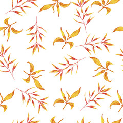 Fototapeta na wymiar Seamless pattern with yellow autumn leaves and branches on white background. Hand drawn watercolor illustration.