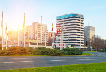 Countries flags, modern business office building