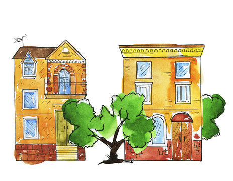 European urban houses set painted by watercolor and ink. Hand drawn illustration.
