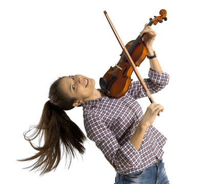 Woman playing violin on white background