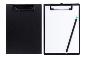 Blank paper on black clipboard with space on white background