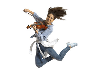 Woman playing violin on white background