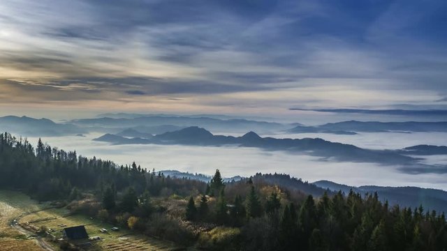 Sunrise with flowing clouds in the Tatra mountains, Poland, Timelapse