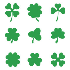 Set of three and four leaf clovers. Vector icon. St Patricks day. Clover silhouette.