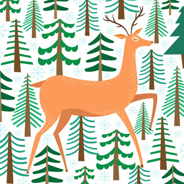 Cute deer vector illustration. Reindeer with tree. Winter forest card