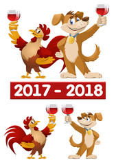 Funny cartoon rooster and dog as symbols of New Year 2017 and 2018 giving a toast. Vector illustration. Elements is grouped. No transparent objects. Isolated on white.