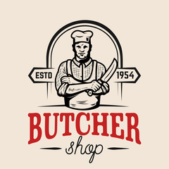 Butcher with knife. Design element for emblem, sign, label, poster. Vector illustration