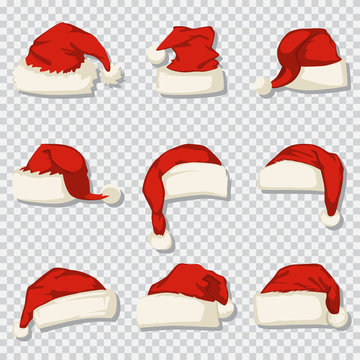 Santa Claus hat set isolated on a transparent background. Vector cartoon icons of Christmas decorative elements.