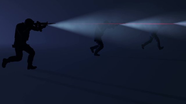 3D animation of a swat team in action with the flashlights and laser sights on