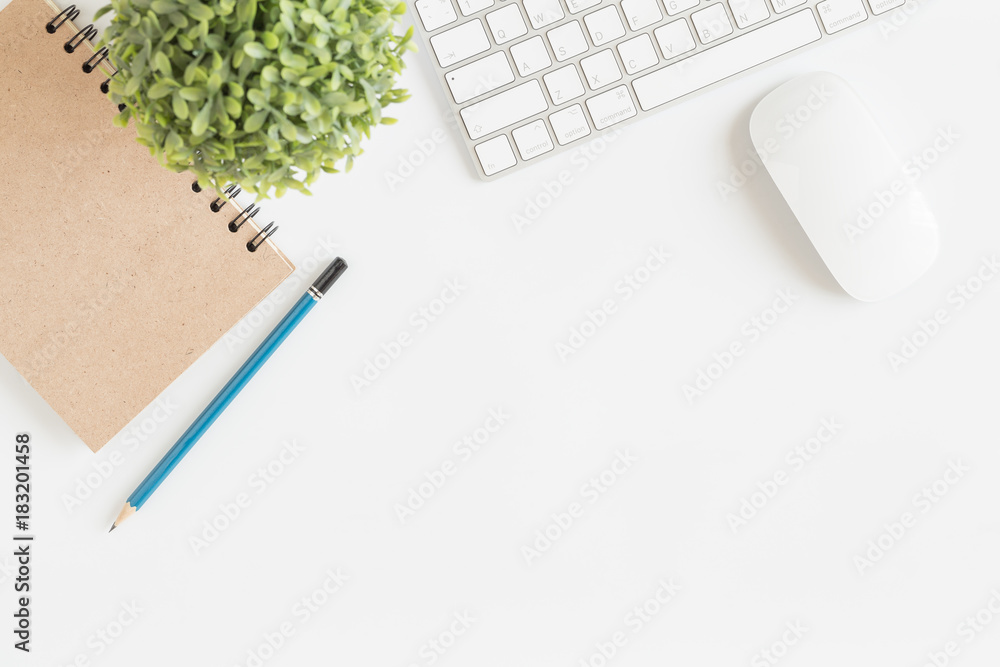 Wall mural flat lay photo of office desk with mouse and keyboard,white copyspace with pencil top view