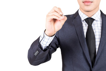 Businessman writing on virtual screen isolated on white background