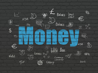 Currency concept: Painted blue text Money on Black Brick wall background with  Hand Drawn Finance Icons