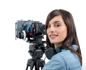 beautiful young woman with DSLR video camera and headphones