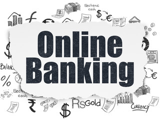 Banking concept: Painted black text Online Banking on Torn Paper background with  Hand Drawn Finance Icons