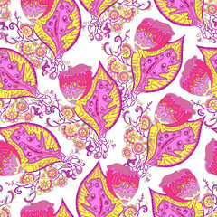 Seamless pattern with pink hand drawn flowers