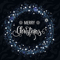 Christmas hand drawn lettering. Christmas tree decoration, snowflakes, gifts. Golden glitter texture. Winter holidays. Vector Illustration EPS10.