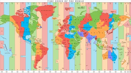 Poster Vector gedetailleerde wereldkaart met tijdzones en landen © D1min