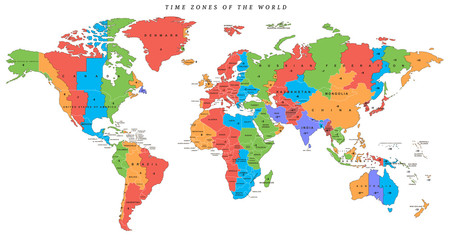 Vector detailed world map with time zones and countries