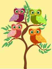 Bright cute cartoon owls sit on the flowering branches of fantastic trees