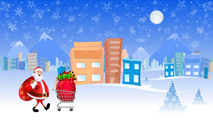 Santa Claus Walking with Shopping cart with Christmas Gifts in Urban Background.