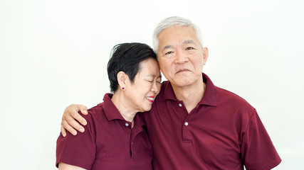 Asian senior couple promise commitment on white background