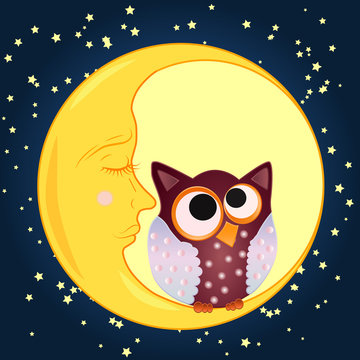 A sweet cartoon owl, with eyes drawn to the middle, sits on a drowsy crescent moon against the background of the night sky with stars