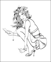 Stylish, fashionable model with a smartphone with a hand. Girl with telephone on white background.