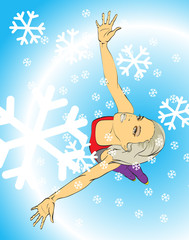 Fototapeta premium Merry Christmas and Happy New Year vector card. Xmas illustration with girl and snowflakes. Beautiful festive bright decoration for holiday greeting cards. Christmas background