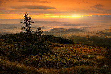 Beautiful view of sunrise at Babia mountain. Poland
