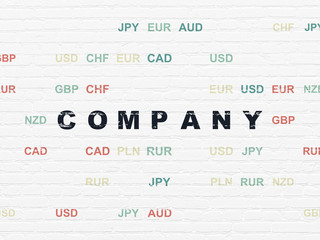 Finance concept: Painted black text Company on White Brick wall background with Currency