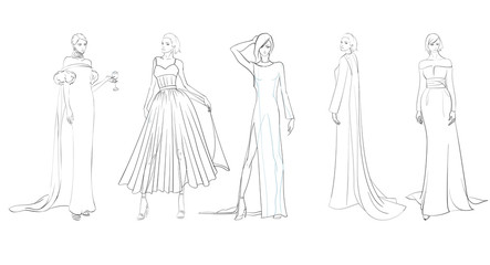 A set of fashion sketches. Autumn-winter 2018. Fashion girls on a white background in beautiful evening dresses.