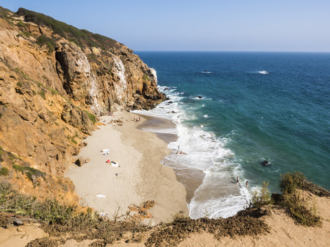 Dume Cove Malibu, Zuma Beach, emerald and blue water in a quite paradise beach surrounded by cliffs. Dume Cove, Malibu, California, CA, USA