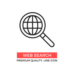 Vector web search icon. Magnifying glass and globe. Premium quality graphic design elements. Modern sign, linear pictogram, object, outline symbol, simple thin line icon