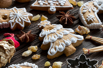 Christmas gingerbread cookies on a wooden background