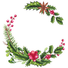 Watercolor Christmas Wreath with Holly and Cinnamon