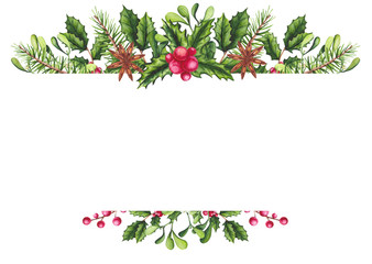 Frame with Watercolor Christmas Tree, Holly and Mistleotoe