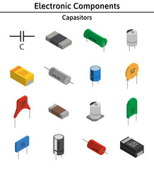 Vector set of izometric electronic components. Collection of capacitors.