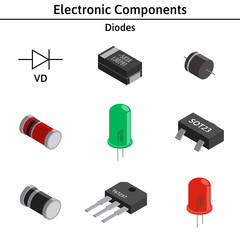 Vector set of izometric electronic components. Collection of diodes.
