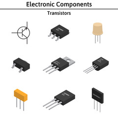 Vector set of izometric electronic components. Collection of transistors.