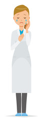 A woman doctor wearing a white suit is crying