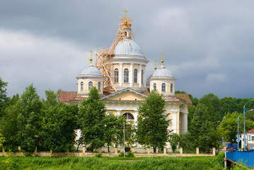 Fototapeta na wymiar The Transfiguration Cathedral close-up on a cloudy July day. Torzhok, Russia