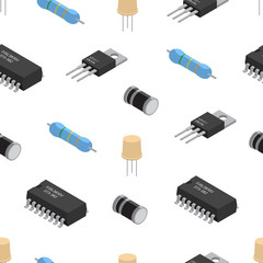 Vector seamless pattern of izometric electronic components. Collection of capacitors, resistors, diodes, transistors, inductors, microchips